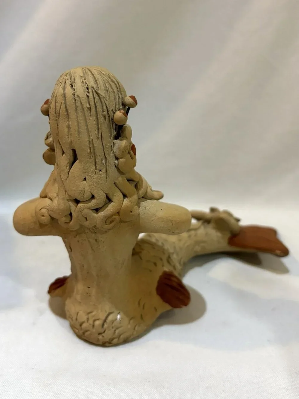 Handmade Clay Pottery Little Mermaid Holding Starfish Sculpture Figurine